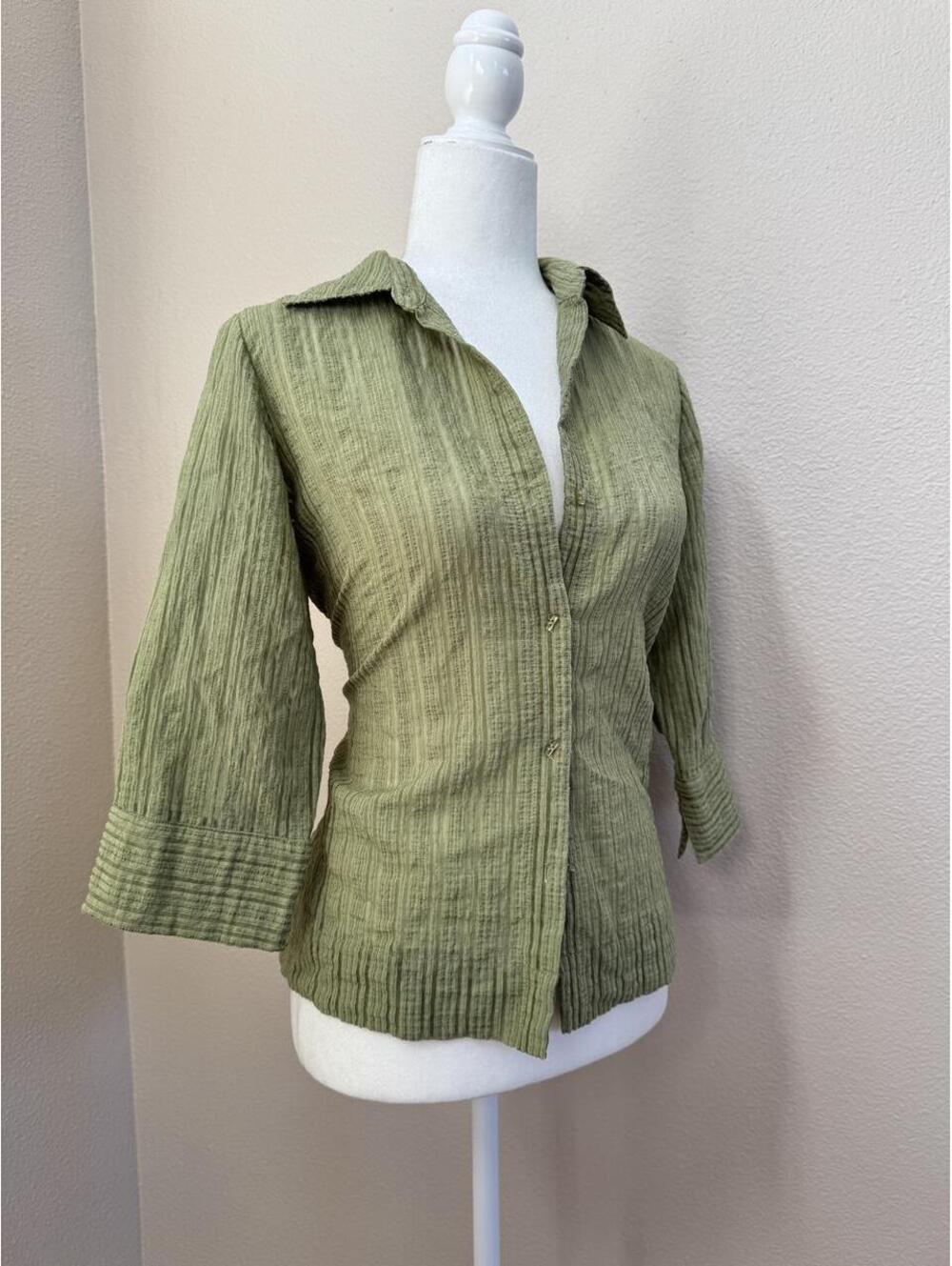 Y2K office core Ggreen vertical striped button detailed m blouse